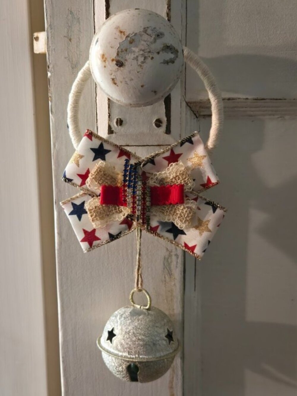 American Flag Door Knob Hanger Patriotic Cottagecore Rhinestone USA Ribbon Bell